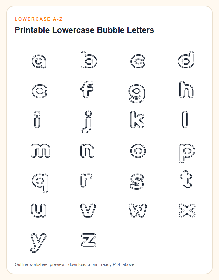 Printable lowercase bubble letters alphabet a to z outline worksheet