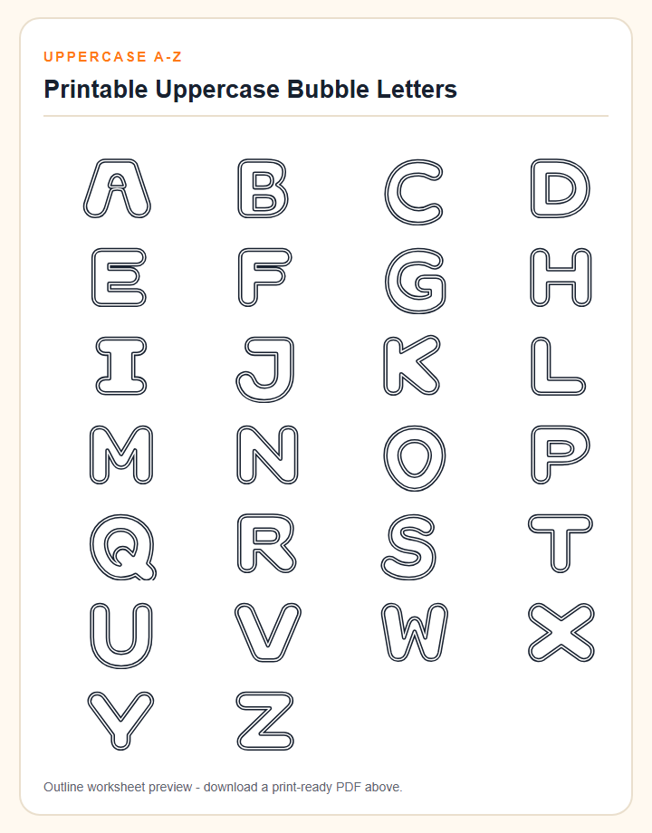 Printable uppercase bubble letters alphabet A to Z outline worksheet